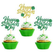 24 Pcs Happy St Patrick's Day Cupcake Toppers Four Leaf Clover Shamrock Cupcake Toppers for St Patrick's Day Party Decorations (Happy)