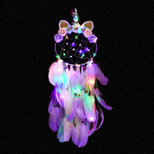 Soulqool Unicorn Dream Catcher cu lumini colorate pene colorate Catching Dreams Flowers For Girls Kids Nursery Dormitor Decor de perete (violet c