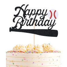 AHAORAY Baseball Happy Birthday Cake Topper - Black Glitter Baseball Party Decorations Supplies Perfect for Birthday/Baseball Theme Party Photo