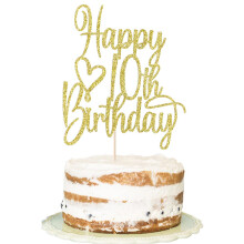 Florcmet Gold Glitter Happy 10th Birthday Topper - urale pna la 10 ani Topper tort 10 ?i decorare fabuloasa pentru tort pentru salut 10 ani de n