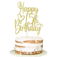 Florcmet Gold Glitter Happy Hapet 15 Birthday Tort Topper - urale pna la 15 ani Topper tort 15 ?i decorare fabuloasa pentru tort pentru salut 15