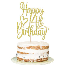 Florcmet Gold Glitter Happy 14th Birthday Tort Topper - urale pna la 14 ani Topper tort 14 ?i decorare fabuloasa pentru tort pentru salut pentru