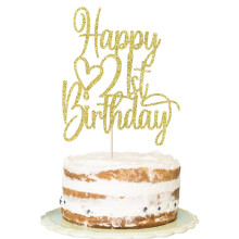 Florcmet Gold Glitter Happy 21st Birthday Tort Topper - urale pna la 21 de ani Topper tort 21 ?i decorare fabuloasa pentru tort pentru salut 21
