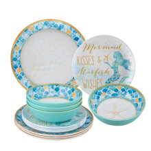 Supreme Housewares 12-Piece Melamine Dinnerware Set Includes Dinner Plates Salad Plates Bowls Service for 4. (Mermaid)