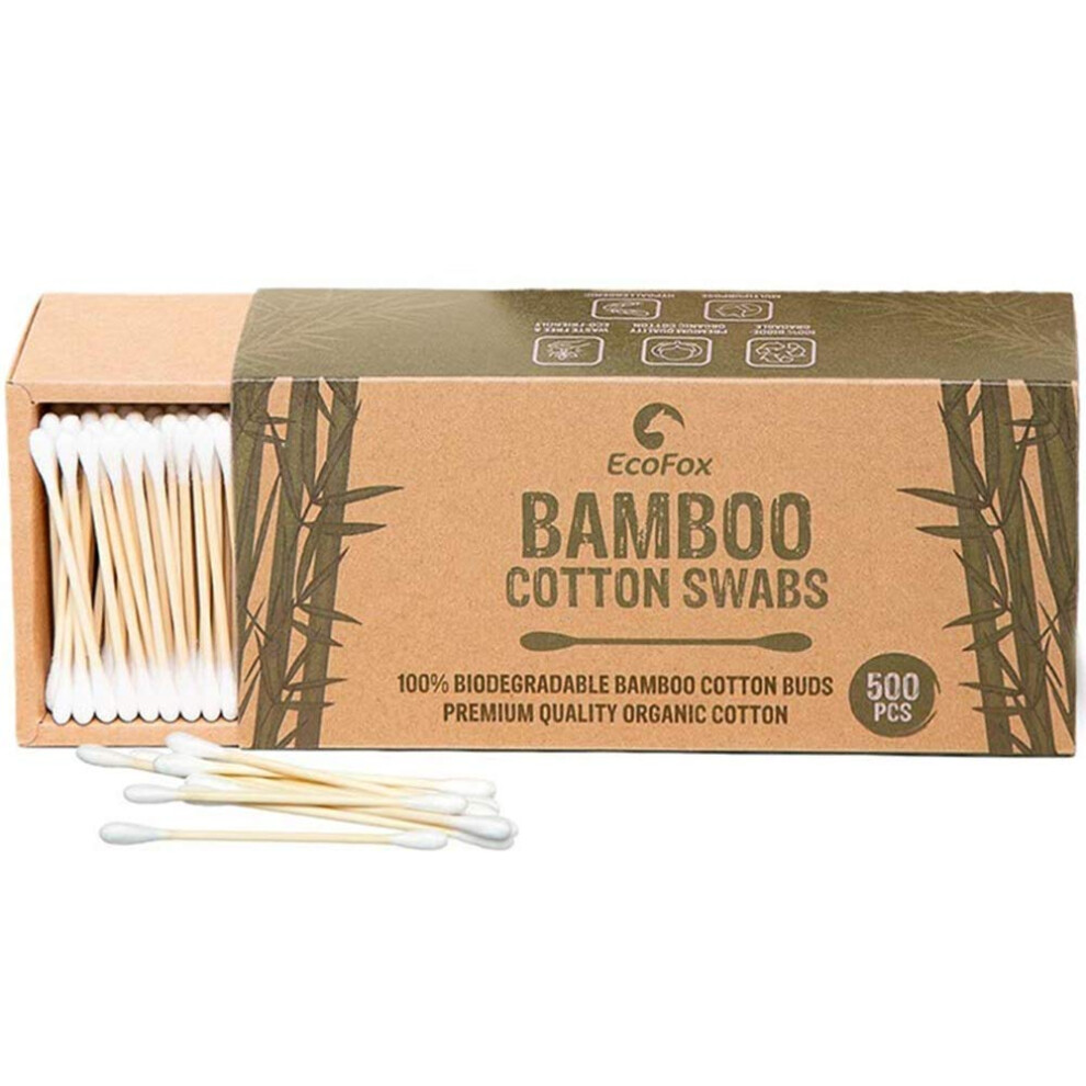Ecofox Bamboo Cotton Swabs 500 Count Biodegradable & Organic Wooden Cotton Buds Double Tipped Ear Sticks 100% Eco-Friendly & Natural Perfect For Ear