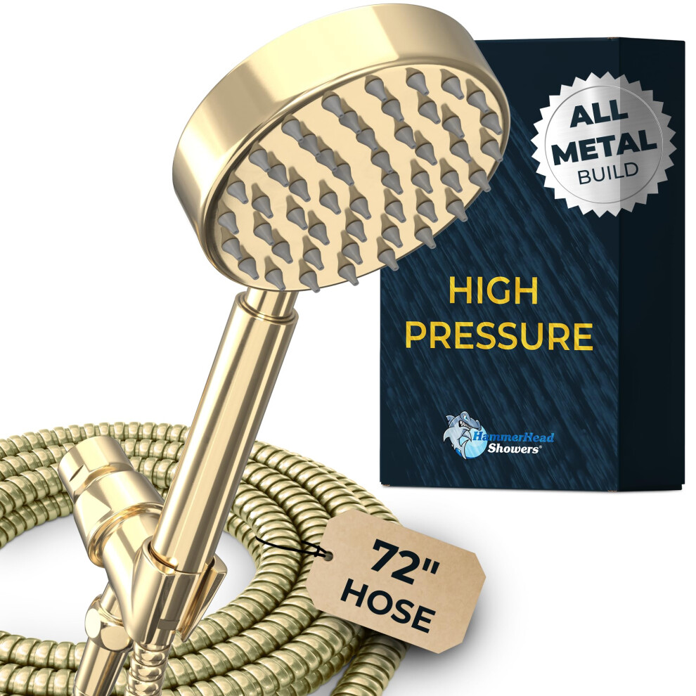 Hammerhead Showers? All Metal Handheld Shower Head With Hose And Brass Holder - Polished Brass - 2.5 Gpm High Pressure Shower Heads With Adjustab 742939845528
