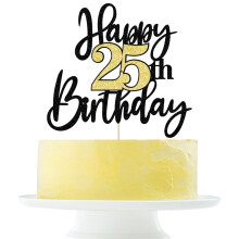 Black Gold Glitter Happy 25th Birthday Cake Topper Fericit 25 de torturi de ziua de na?tere pentru 25 de ani ?i fabulo?i ziua de na?tere salut 25