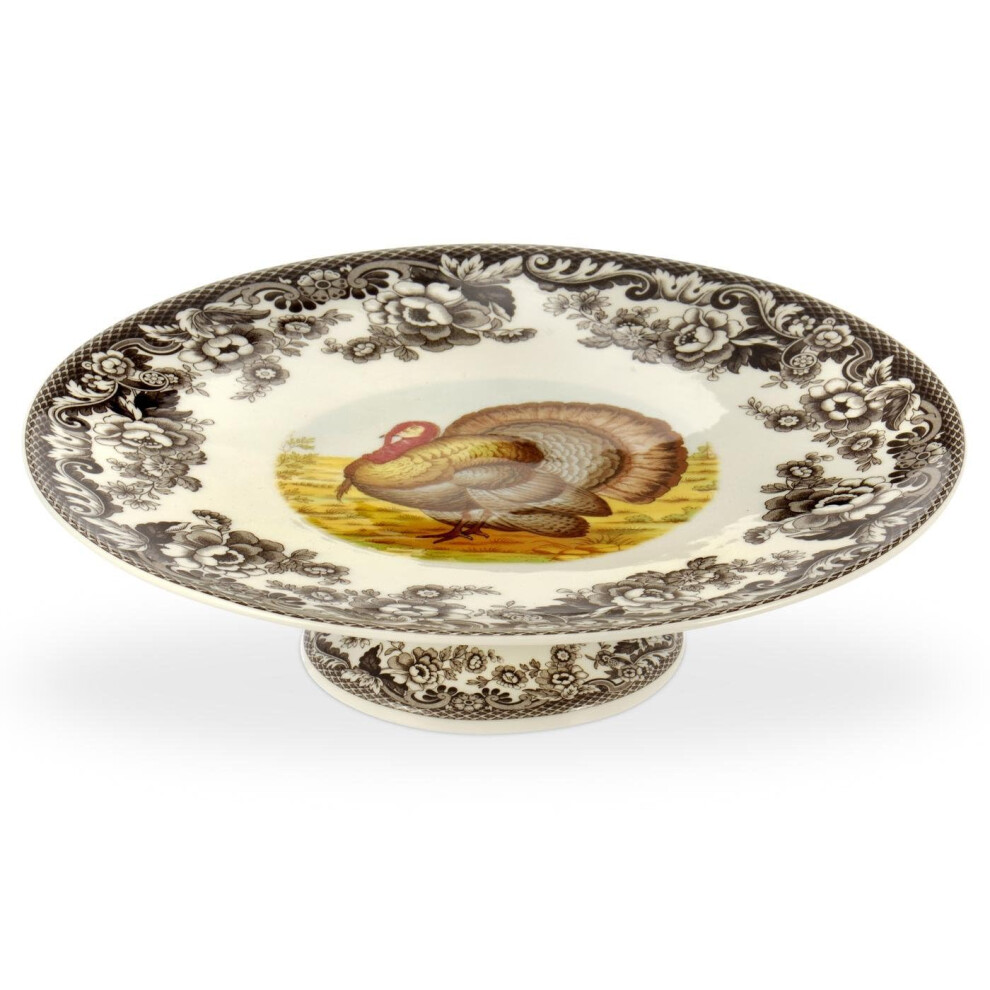 Spode Woodland Footed Cake Plate with Turkey Motif - 10.5 Inch Round Cake Stand for Thanksgiving Weddings Celebrations - Porcelain Cake Display