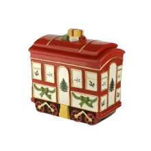 Spode Christmas Tree Cookie Jar with Lid 8.5"""" Ceramic Holiday Train Car Dish for Cookies Candy Nuts - Festive Christmas Home Decor & Holiday