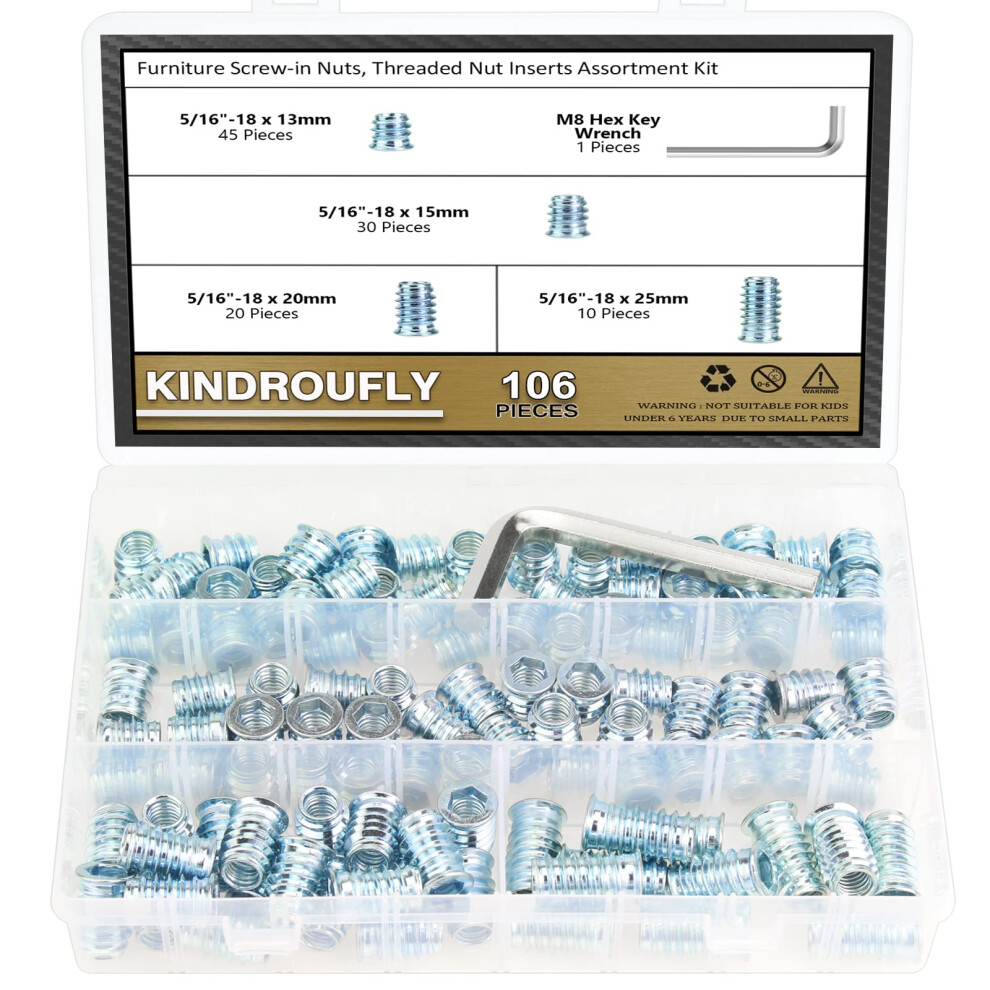Kindroufly 106 Pieces 5/16""""-18 x 13mm/15mm/20mm/25mm Threaded Inserts  Nut Inserts  Wood Inserts  Steel Threaded Inserts for Wood Furniture Scre-image-OPC-PHRFD52-NEW
