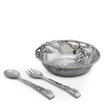 Set de salata de aluminiu turnat cu nisip Arthur Court; Model de masline 3 buca?i 2 servere ?i salata de servire a bolului de 12,5 inci diametru