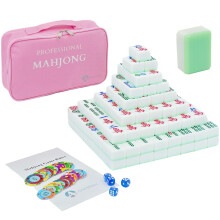 AzulHome Klassisches chinesisches Mahjong-Set mit 144 groen grnen Spielsteinen (1,58 Zoll), mit rosa Tasche und Zubehr, 4 Wrfeln und 80 Pokerchip