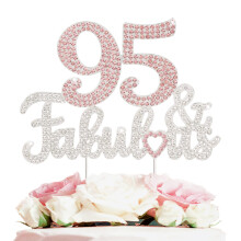 LASKYER 95 & Fabulous Silber-Rosa-Strass-Kuchenaufsatz  Alles Gute zum 95. Geburtstag, Prost auf 95 Jahre alt, Bday-Party, Metall, glitzernde Lebe