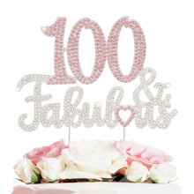 LASKYER 100 & Fabulous Silber-Rosa-Strass-Kuchenaufsatz  Alles Gute zum 100. Geburtstag, Prost auf 100 Jahre alt, Bday-Party, Metall, glitzernde L