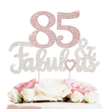 LASKYER 85 & Fabulous Silber-Rosa-Strass-Kuchenaufsatz  Alles Gute zum 85. Geburtstag, Prost auf 85 Jahre alt, Bday-Party, Metall, glitzernde Lebens