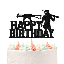 Ferastar Video Game Happy Birthday Cake Toppers - PUBG Happy Birthday Cake Decorations Picks for Kids Gaming Themed Birthday Party Black Glitter