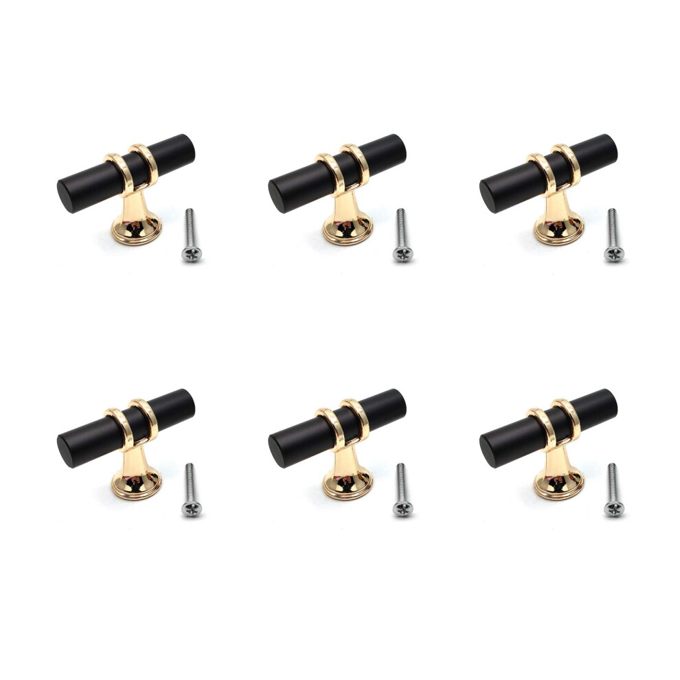 Susenya Knobs For Dresser Drawers 6-Pack Drawer Knobs 1.97"""" Length T Knobs For Dresser Drawers Single Hole Zinc Alloy Black Gold With Screws Cab 779712216107