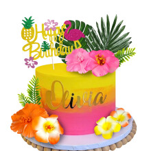 13 PC -uri de tort de flori hawaiene Toppers decorare tort de vara cu frunze de palmier ?i floare de hibiscus pentru hawaiian Aloha Flamingo Part