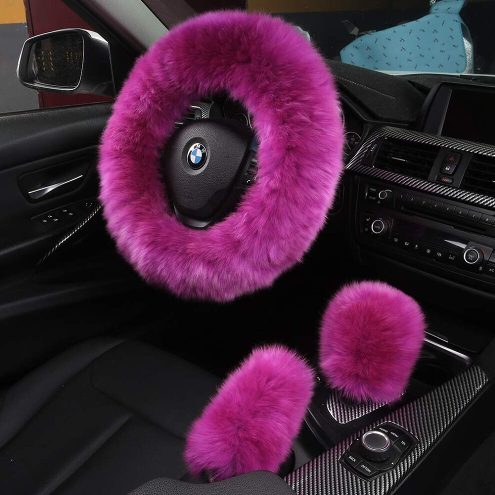 3Pcs Set Fashion Fluffy Fuzzy Wool Fur Soft Car Steering Wheel Cover With Handbrake Cover & Gear Shift Cover For Women/Girls/Ladies Auto Long Woo 780744165295