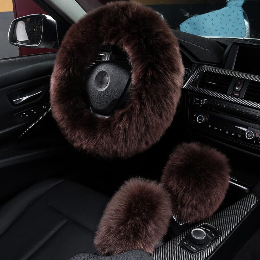 3Pcs Set Fashion Fluffy Fuzzy Wool Fur Soft Car Steering Wheel Cover With Handbrake Cover & Gear Shift Cover For Women/Girls/Ladies Auto Long Woo 780744165332