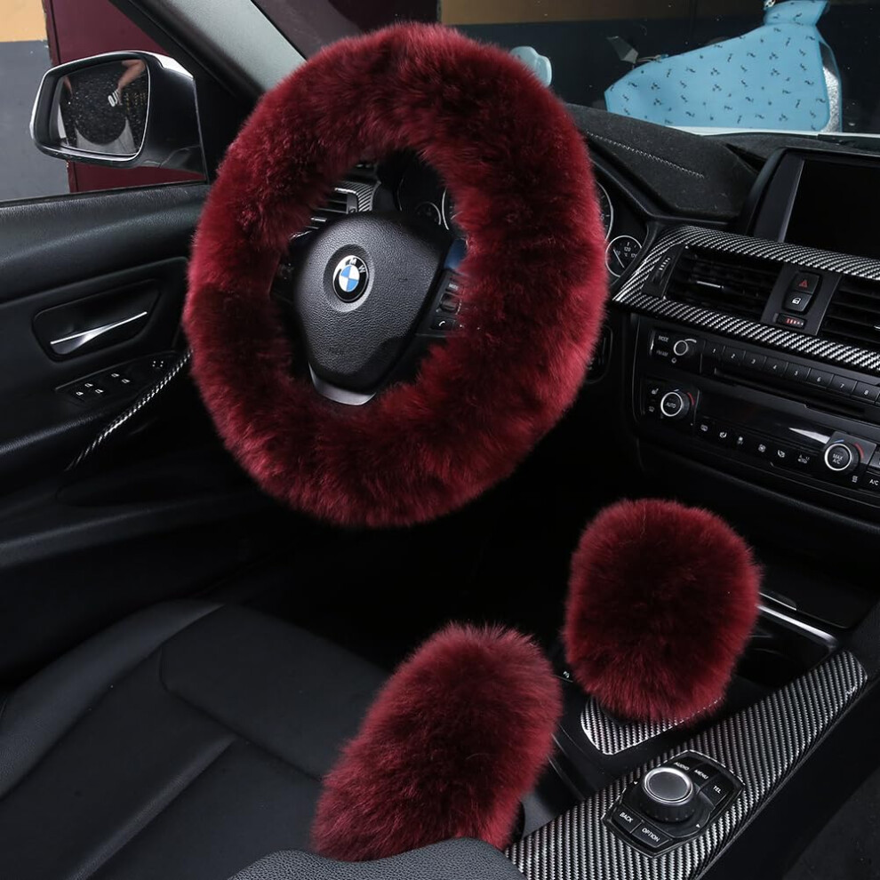 3Pcs Set Fashion Fluffy Fuzzy Wool Fur Soft Car Steering Wheel Cover With Handbrake Cover & Gear Shift Cover For Women/Girls/Ladies Auto Long Woo 780744165349