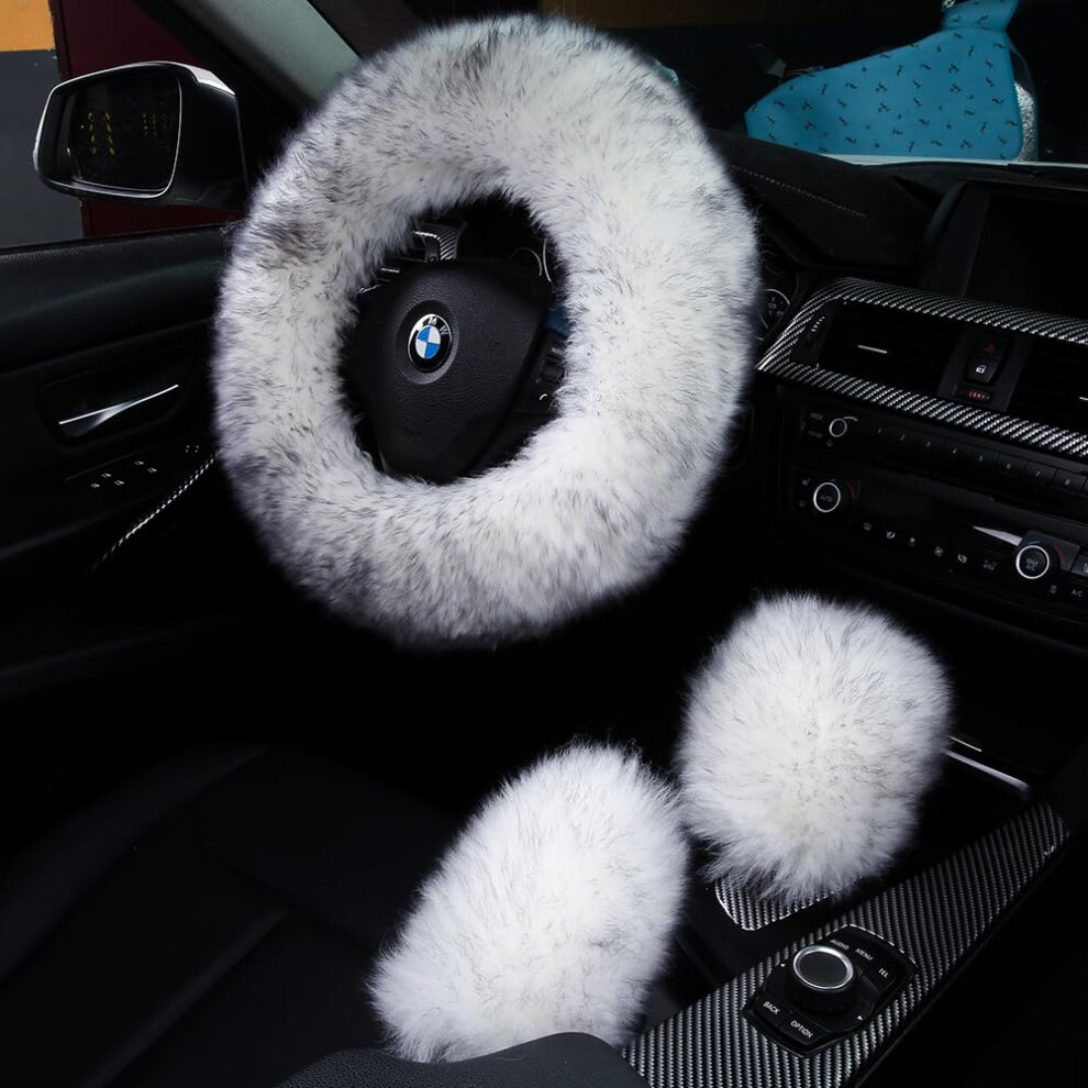 3Pcs Set Fashion Fluffy Fuzzy Wool Fur Soft Car Steering Wheel Cover With Handbrake Cover & Gear Shift Cover For Women/Girls/Ladies Auto Long Woo 780744165387