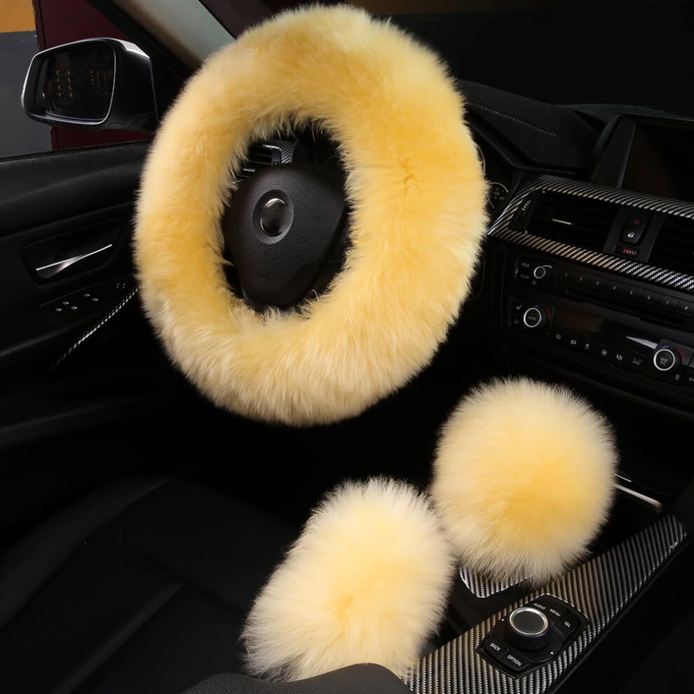 3Pcs Set Fashion Fluffy Fuzzy Wool Fur Soft Car Steering Wheel Cover With Handbrake Cover & Gear Shift Cover For Women/Girls/Ladies Auto Long Wool Ac 780744165318