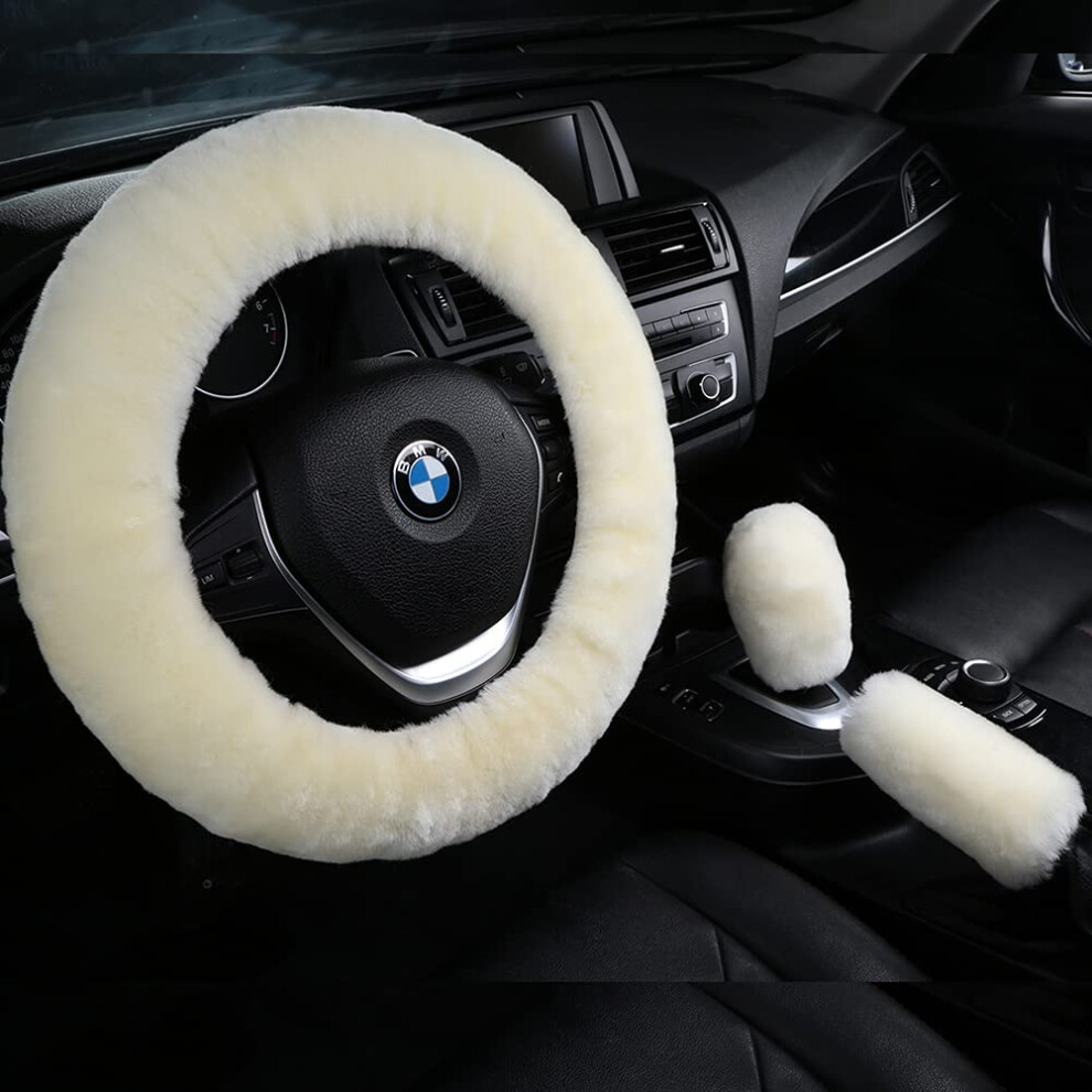 3Pcs/Set Pure Wool Fur Furry Steering Wheel Cover Soft Fluffy Handbrake Cover Gear Shift Cover For Women Car Suv Truck Australia Sheepskin Acces 780744165448