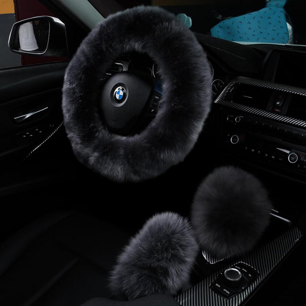 3Pcs Set Fashion Fluffy Fuzzy Wool Fur Soft Steering Wheel Cover With Handbrake Cover & Gear Shift Cover For Women Girls Car Decoration Long Wool 780744165288