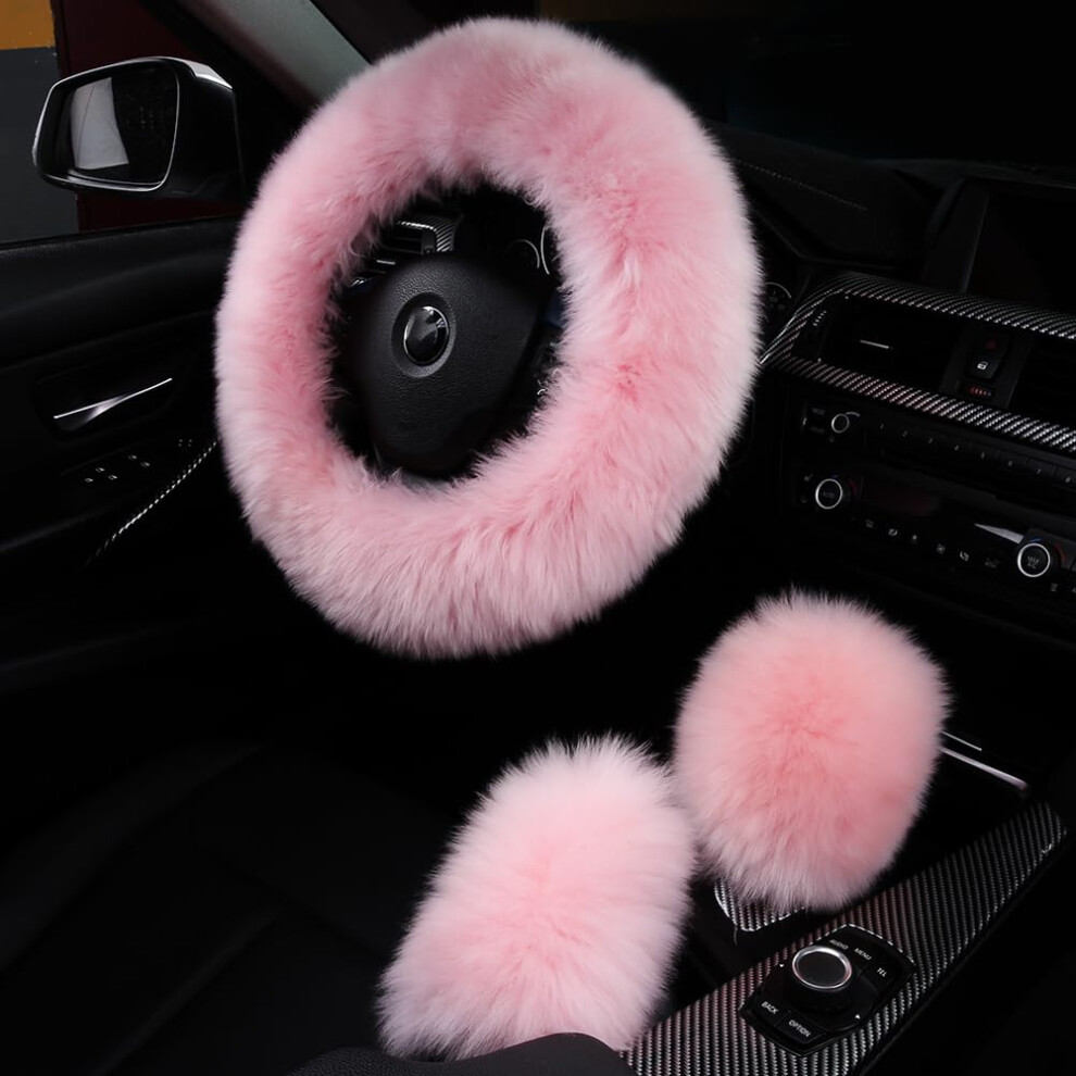 3Pcs Set Fashion Fluffy Fuzzy Wool Fur Soft Car Steering Wheel Cover With Handbrake Cover & Gear Shift Cover For Women/Girls/Ladies Auto Long Woo 780744165356