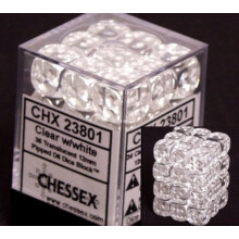 Chessex Dice D6 Set: Clear med vit genomskinlig - 12mm sexsidig die (36) Block av trningar
