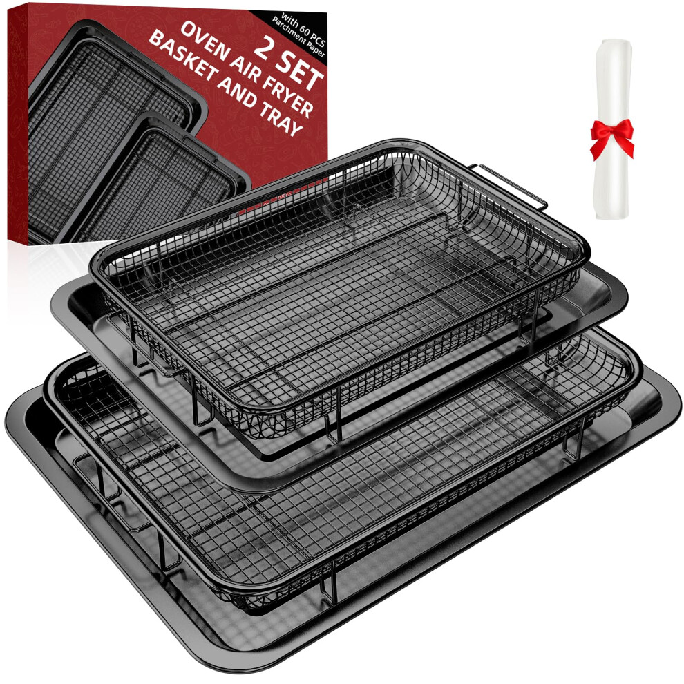 Air Fryer Basket 2 Set Oven Air Fryer Basket and Tray with 60 PCS Parchment Papers DEGOVIN Crisper Tray Non-stick Stainless Steel Air Fry Pans