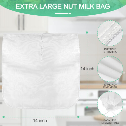 Bellamei 3-pack 14"x14" Nötmjölkspåsar Extra Stora Återanvändbara Matfilter 2