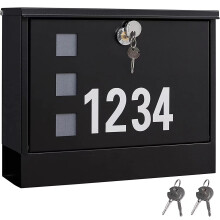 LANDVOI Beveiligde Muurbriefbus, Metaal Postvak met 3 Sets Nummer Stickers, 4 Sleutels, 14,4" x 4,5" x 11,2", Grote Capaciteit, Zwart