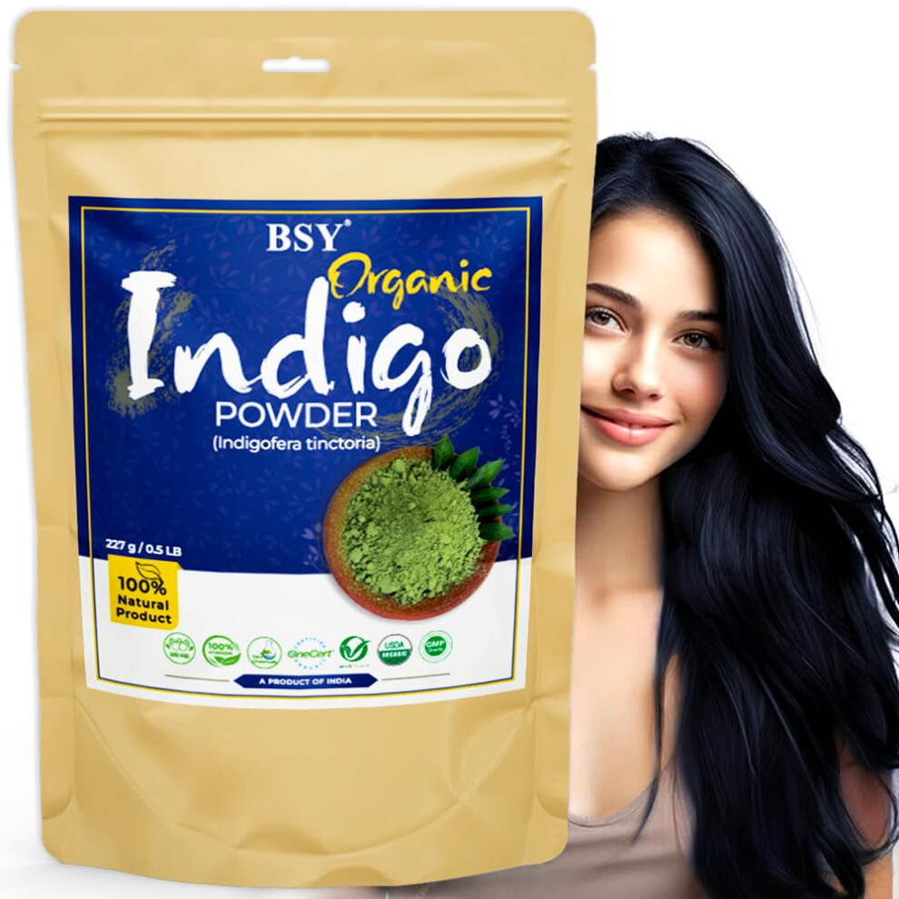 BSY Organic Indigo Powder - 100% Natural Indigofera Tinctoria (Indigo)  Triple Sifted Avuri Leaf Powder for Hair Coloring - 227g / 0.5 LB-image-OPC-PHRFNWX-NEW