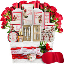 Cadeaux Spa pour Femmes, Set de Bain et Corps, Panier Cadeau Rose Rouge, 35 Pièces Kit de Spa Anti-Stress