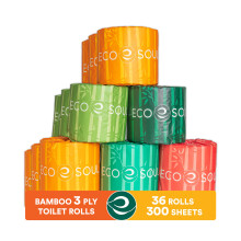 Eco Soul Bamboo Toalet Paper 36 Mega Rolls 3 PLY 300 Arkusze na rolke | Ekologiczne septyczne bezpieczne tkanki do kapieli ekologicznej zrwnowaz
