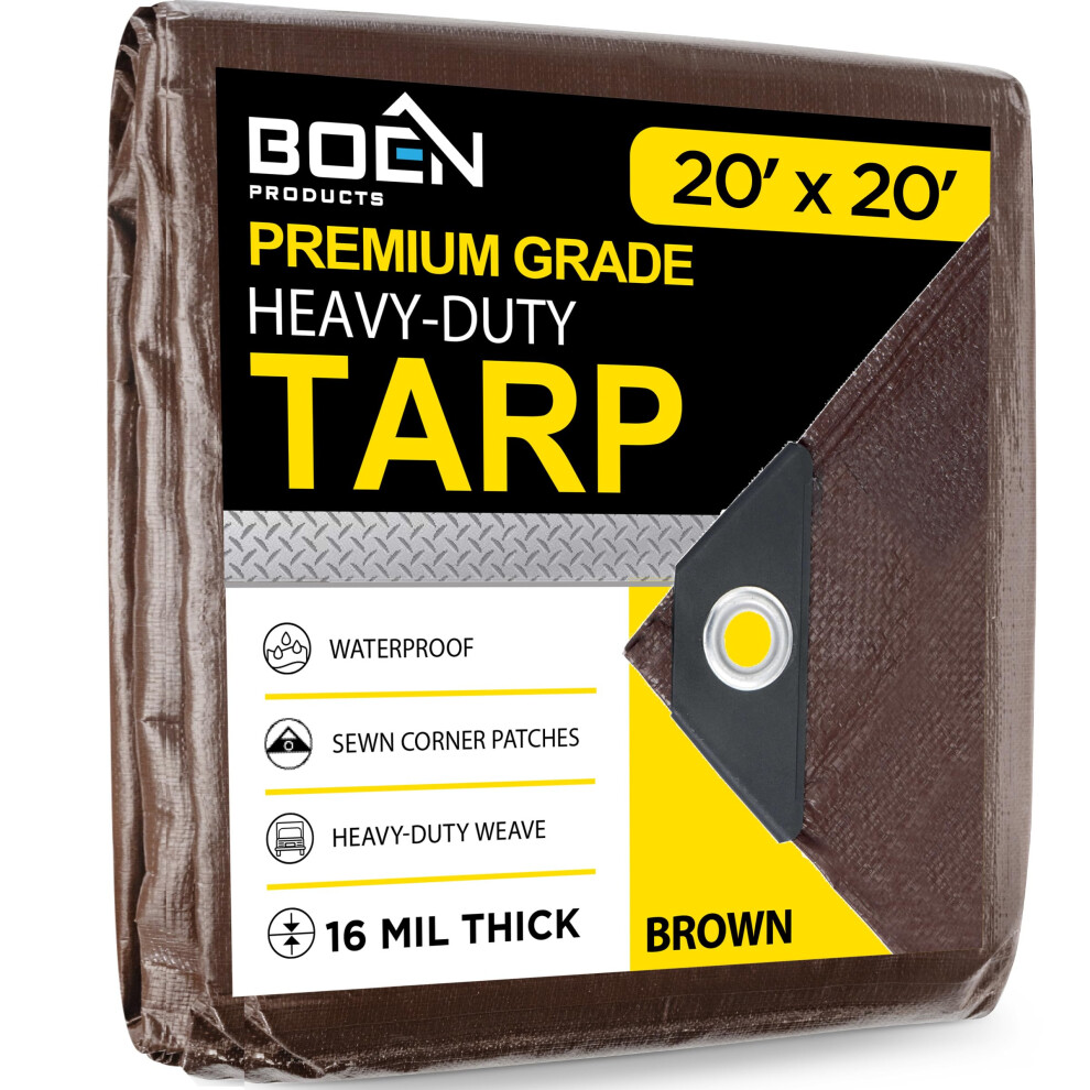 Ultra Heavy Duty Tarp Waterproof Large Cover | Brown 20' X 20' 16 Mil Thick | Rip Proof Tarps | Thick Weave Material Uv Resistant Great For Tar 810171950062