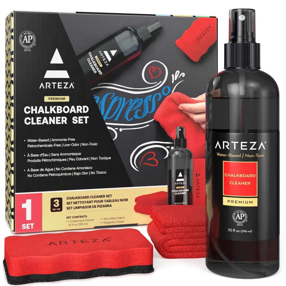 Arteza Chalkboard Cleaner Set with 10-Ounce Spray Bottle Cleaner  1 Microfiber Fabric Towel & 1 Magnetic Eraser for Chalkboards  Blackboards & Gl-image-OPC-PHRFSC5-NEW