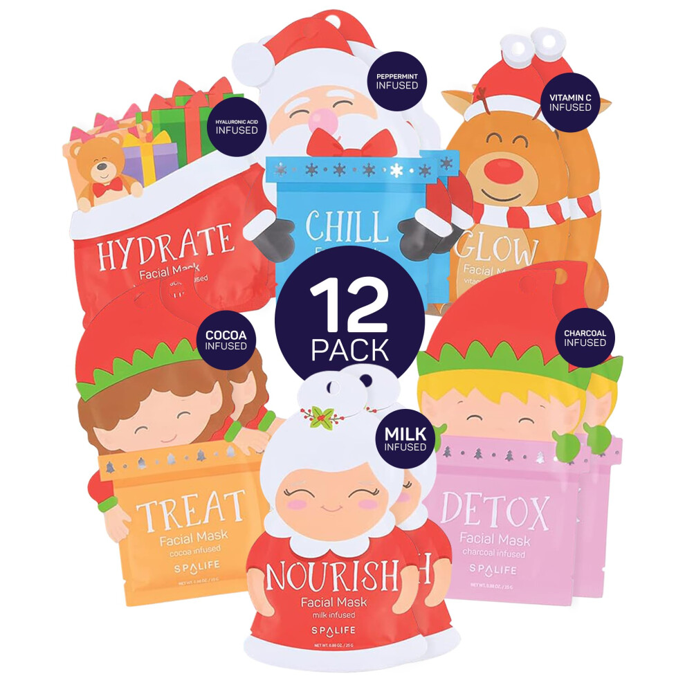 Spalife Santa's Squad Hydrating Facial Masks - 12 Pack For Moisturizing And Soothing Beauty - Skincare Set For Radiant Skin