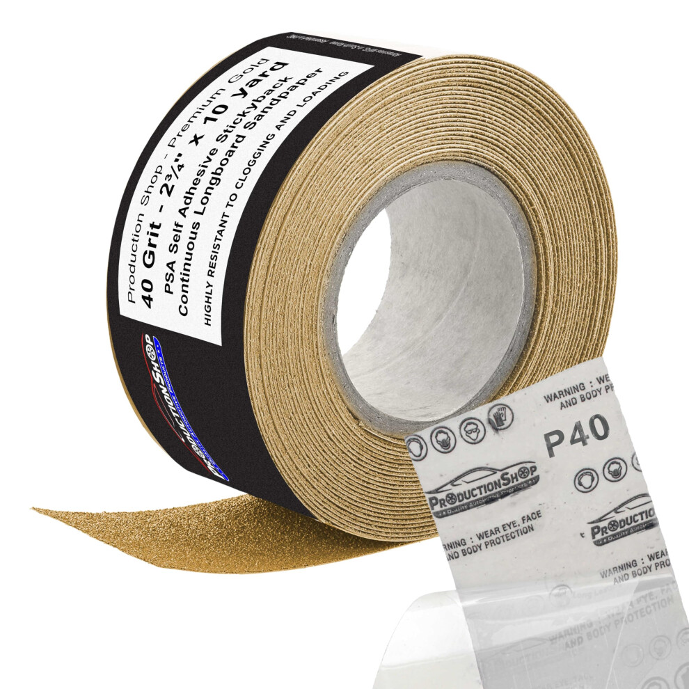 Productionshop Premium 40 Grit Psa Gold Longboard Sandpaper 2-3/4"""" Wide Continuous 10 Yard Roll - Self Adhesive Stickyback For Autobody Paint 840234530269