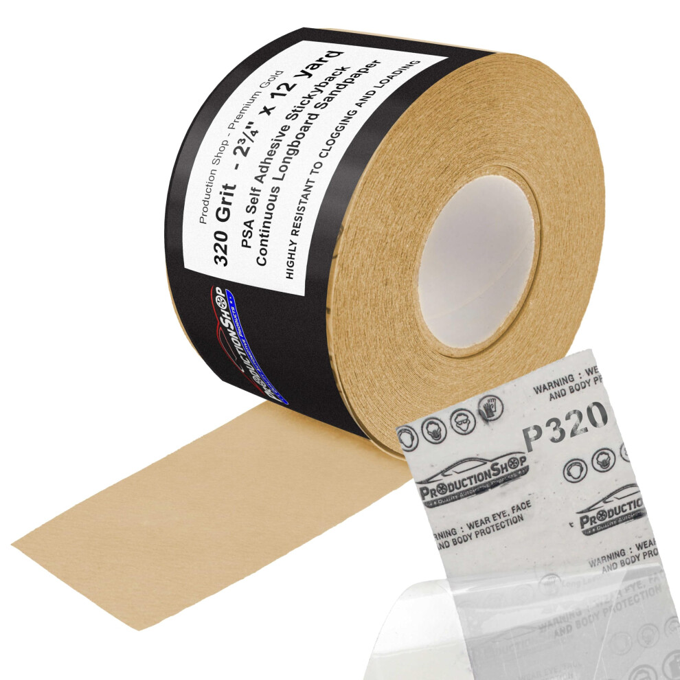 Productionshop Premium 320 Grit Psa Gold Longboard Sandpaper 2-3/4"""" Wide Continuous 12 Yard Roll - Self Adhesive Stickyback For Autobody Paint 840234530351