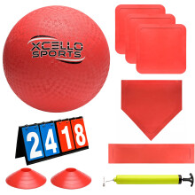 Xcello Sports Kickball Set - 10"""" Playground Ball Throw Down Bases Foul Marker Discs 12"""" Pump and Scoreboard
