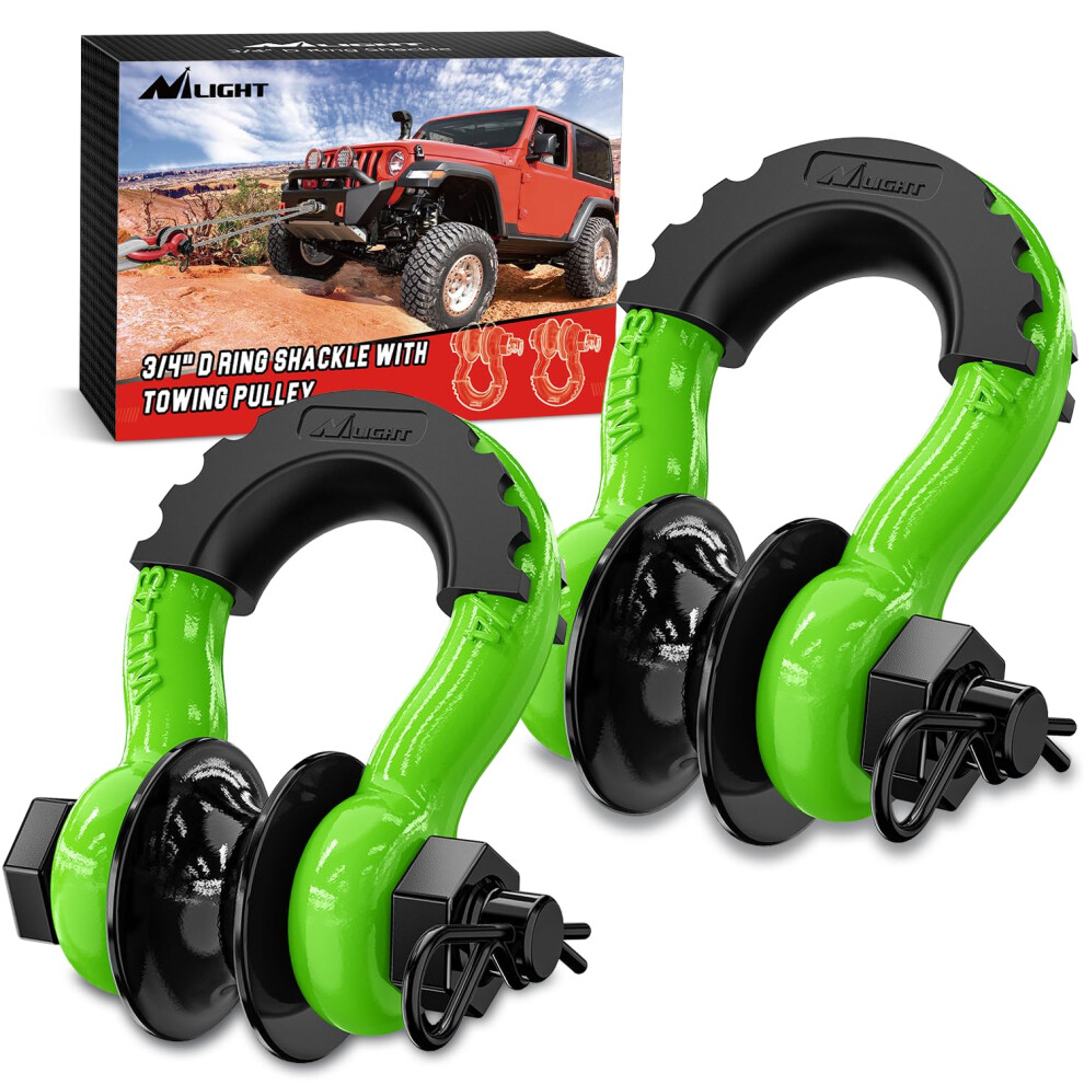 Nilight 3/4"""" D Ring Shackle With Towing Pulley 2 Pack 4.75 Ton (9500 Lbs) 7/8"""" Pin Heavy Duty Off Road Recovery Shackle With Isolators Washer K 840323924320