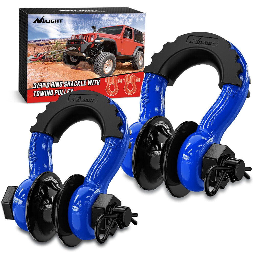 Nilight 3/4"""" D Ring Shackle With Towing Pulley 2 Pack 4.75 Ton (9500 Lbs) 7/8"""" Pin Heavy Duty Off Road Recovery Shackle With Isolators Washer K 840323924344