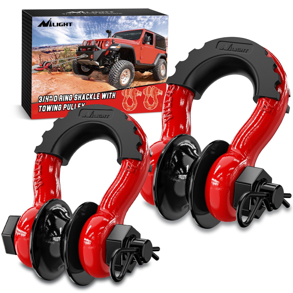 Nilight 3/4"""" D Ring Shackle With Towing Pulley 2 Pack 4.75 Ton (9500 Lbs) 7/8"""" Pin Heavy Duty Off Road Recovery Shackle With Isolators Washer K 840323924337
