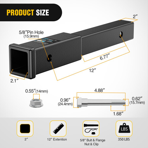 Extensor de engate de trailer Nilight Comprimento de extenso de 12 polegadas se encaixa para tubo receptor de 2 polegadas com porca de flange de 1