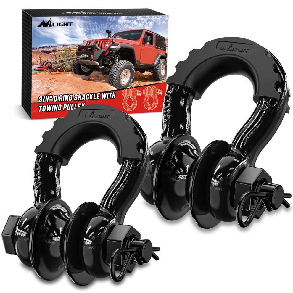 Nilight 3/4"""" D Ring Shackle With Towing Pulley 2 Pack 4.75 Ton (9500 Lbs) 7/8"""" Pin Heavy Duty Off Road Recovery Shackle With Isolators Washer K 840323924351
