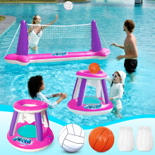 Conjunto de flutuadores para piscina inflvel JOYIN Rede de vlei e aros de basquete Flutuantes para jogos de natao para crianas e adultos Qua
