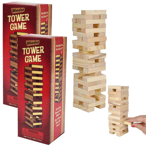 Wooden Blocks Stacking Tumbling Tower Game, Pull, and Tumble Blocks, Sensory Learning, Game Night, 6" Inches (2-Pack)